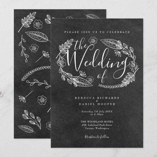 Convite Casamento com Grinalda Floral Desenhada à Mão em Q (Frente/Verso)
