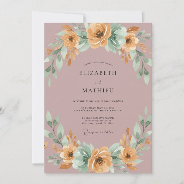 Convite Casamento com Grinalda Floral Malva (Frente)