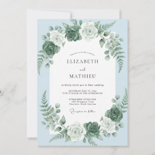 Convite Casamento com Grinalda Floral Romântica Azul Céu