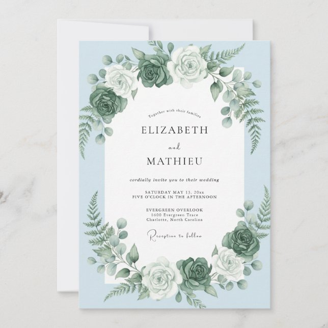 Convite Casamento com Grinalda Floral Romântica Azul Céu (Frente)