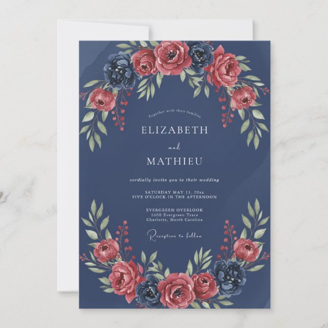 Convite Casamento com Grinalda Floral Romântica Naval (Frente)