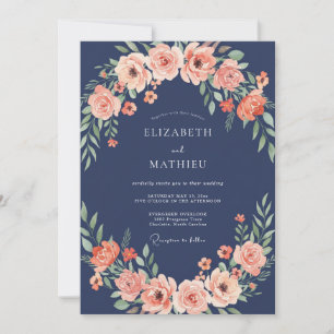 Convite Casamento com Grinalda Floral Rosa Bege e Azul Mar