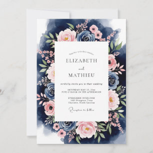 Convite Casamento com Grinalda Floral Rosa Navy