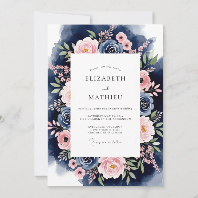 Convite Casamento com Grinalda Floral Rosa Navy (Frente)