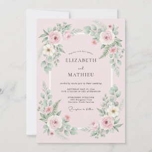 Convite Casamento com Grinalda Floral Rosa Pálido