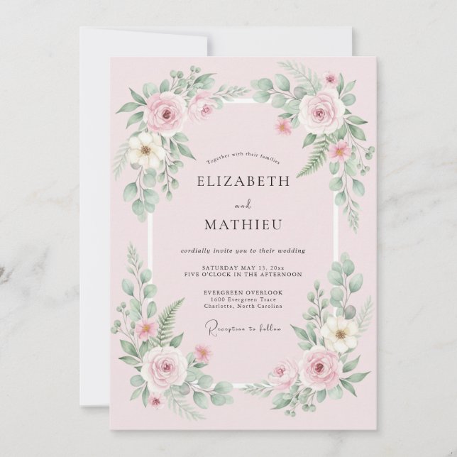 Convite Casamento com Grinalda Floral Rosa Pálido (Frente)
