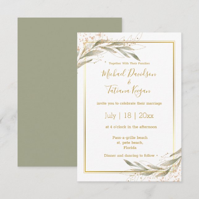 Convite casamento com guião de ouro botânico verde elegant (Frente/Verso)