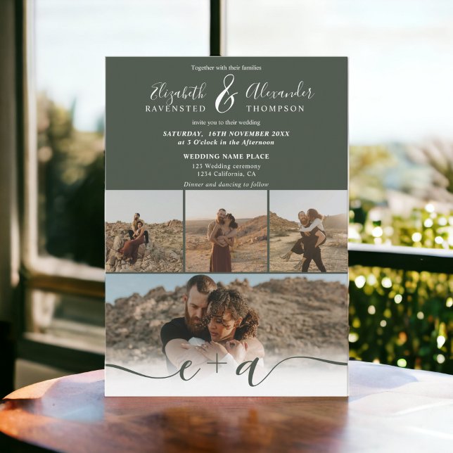 Convite Casamento com guião verde da floresta moderna 5 Fo (Modern forest green chic 5 Photos script wedding Invitation)