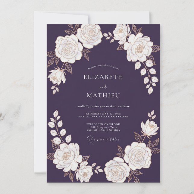 Convite Casamento com Guirlanda de Marfim de Berinjela (Frente)
