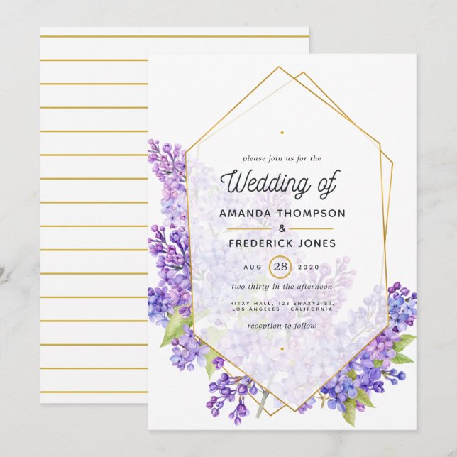 Convite Casamento com Herbário Geométrico Violeta Pastel e (Frente/Verso)