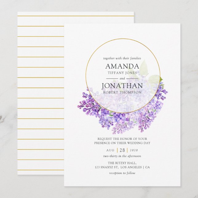 Convite Casamento com Herbário Geométrico Violeta Pastel e (Frente/Verso)