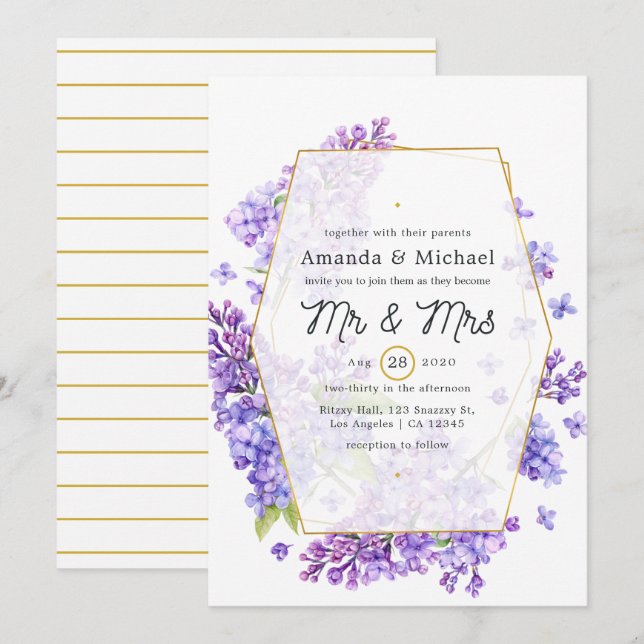 Convite Casamento com Herbário Geométrico Violeta Pastel e (Frente/Verso)