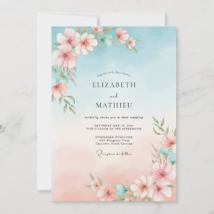 Convite Casamento com Hibisco Rosa Eucalipto no Céu