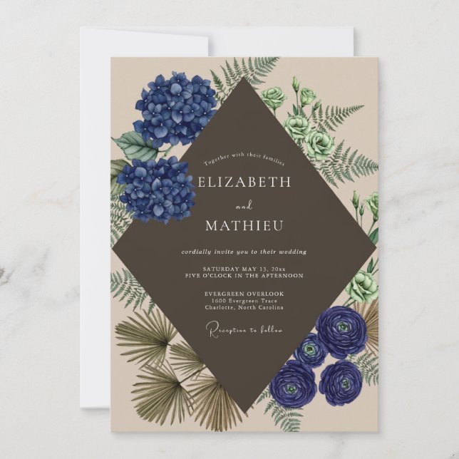 Convite Casamento com Hidrangea Eucalipto Mocha Índigo (Frente)