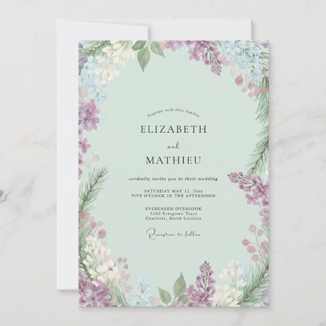 Convite Casamento com Hortelã, Periwinkle e Wisteria (Frente)
