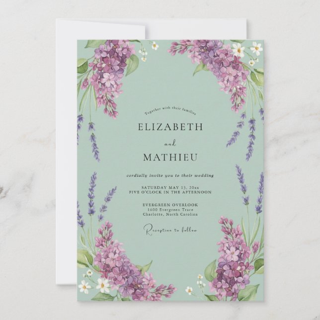 Convite Casamento com Hortelã, Roxo e Wisteria (Frente)