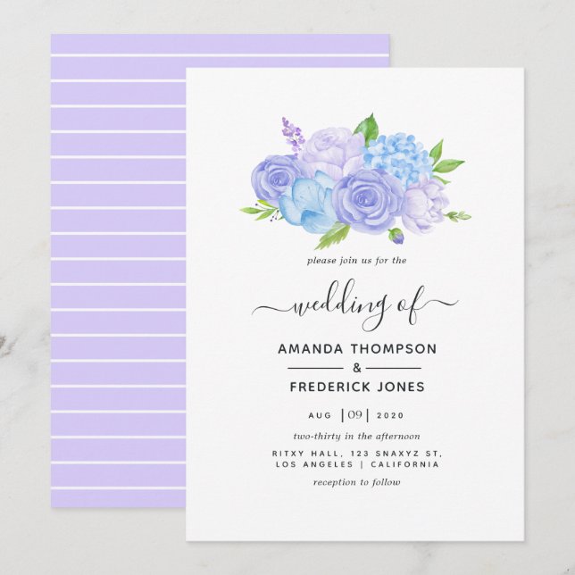 Convite Casamento com Hortênsia Azul e Lavanda Claro (Frente/Verso)