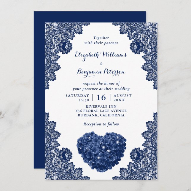 Convite Casamento com Hydrangea Azul de Marinho Personaliz (Frente/Verso)