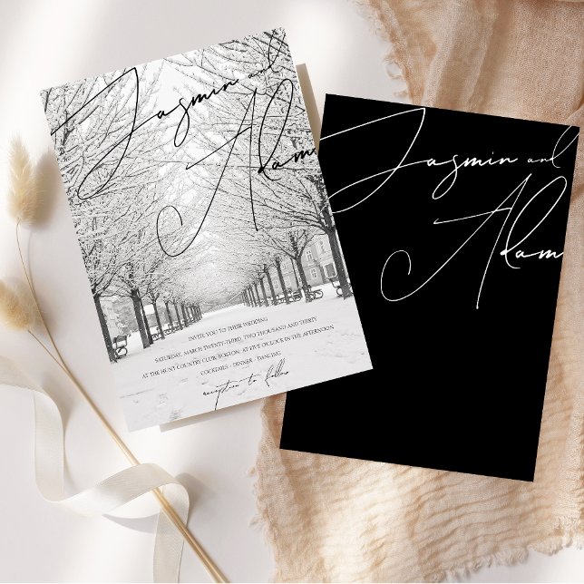 Convite Casamento com Imagens Imaginárias de Cenário de Ne (Winter Snow Scenery Picturesque Script Wedding Invitation)