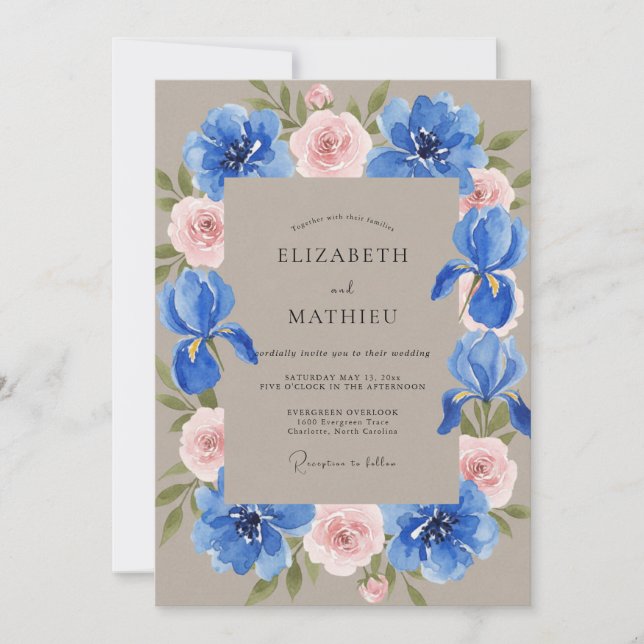 Convite Casamento com Íris Eucalipto Taupe Cobalto (Frente)