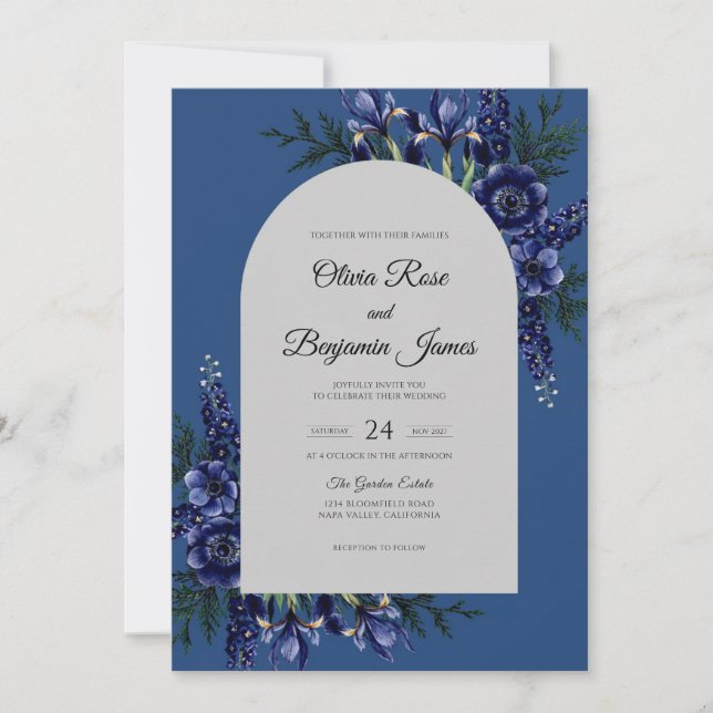 Convite Casamento com Iris Naval Folhagem Eucalipto (Frente)