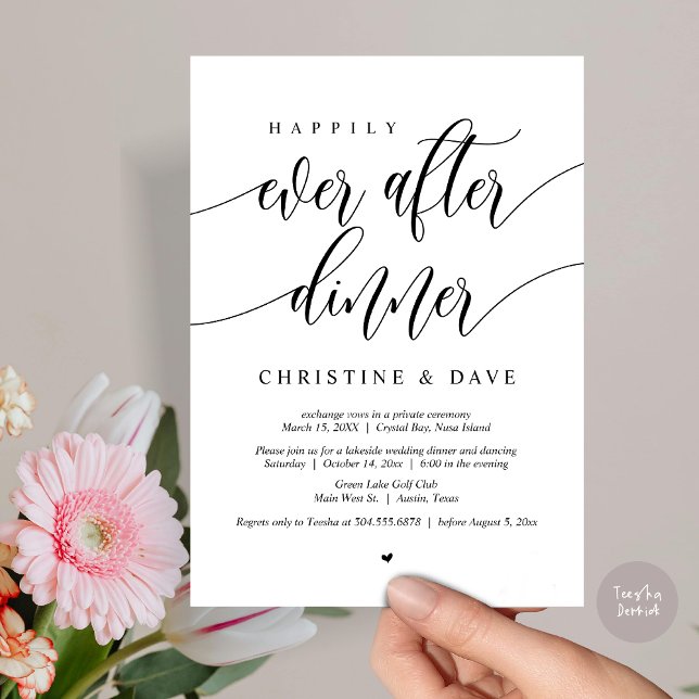 Convite Casamento com Jantar e Dança Felizes para Sempre (Happily Ever After Dinner Invitation Card, PDF, Modern Calligraphy Script, in Black and White)