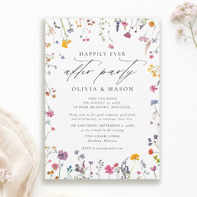 Convite Casamento com Jardim de Flores Silvestres em Aquar (wildflower wedding after party invite watercolor garden backyard barn summer spring elegant romantic)