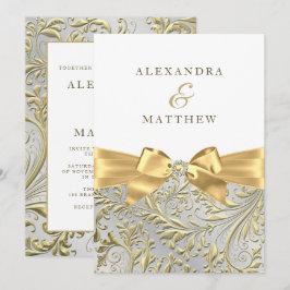 Convite Casamento com Laço Branco e Folha de Ouro Elegante