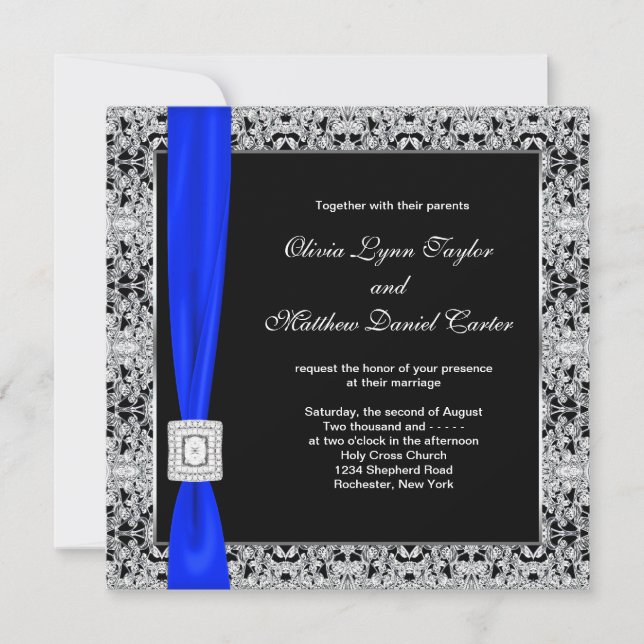 Convite Casamento com Laço Preto Azul Real (Frente)