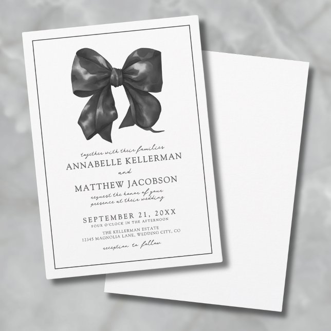 Convite Casamento com Laço Preto Elegante (Simple Minimalist Watercolor Black Bow Wedding Invitation)