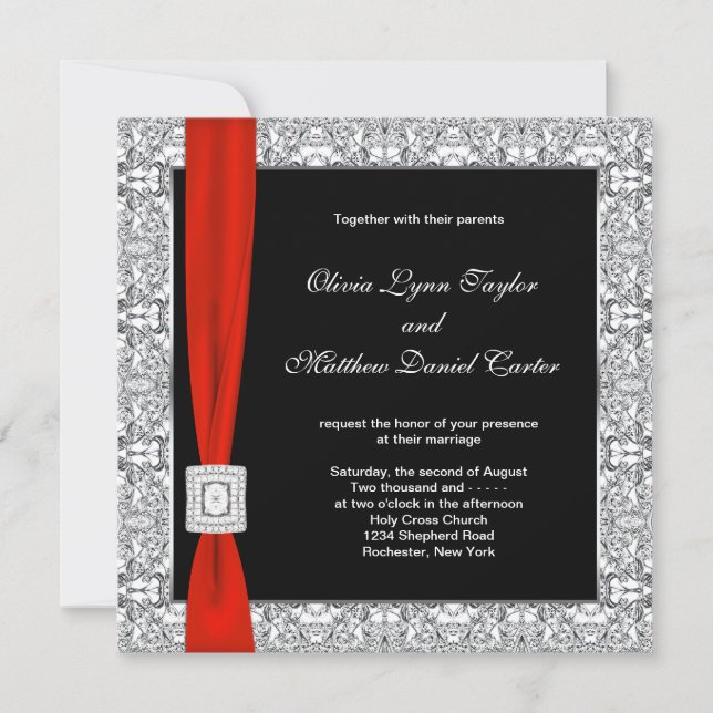 Convite Casamento com Laço Vermelho Preto e Branco (Frente)