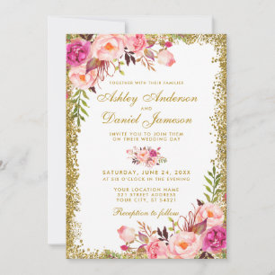 Convite Casamento com Lama Floral Cor-de-Rosa Floral