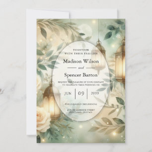 Convite Casamento com Lanterna Verde-Salvia e Rosa Marfim