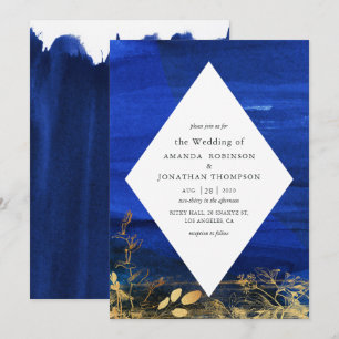 Convite Casamento com Lavagem de Aquarela Azul Marinho e B