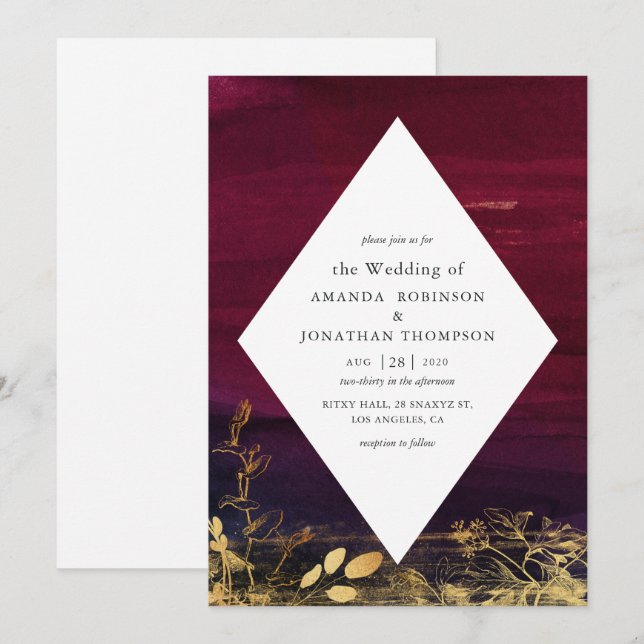 Convite Casamento com Lavagem de Aquarela em Borgonha e Do (Frente/Verso)