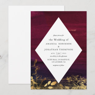 Convite Casamento com Lavagem de Aquarela em Borgonha e Do