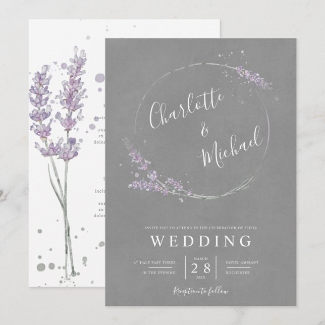 Convite Casamento com lavanda de água e cinza (Frente/Verso)