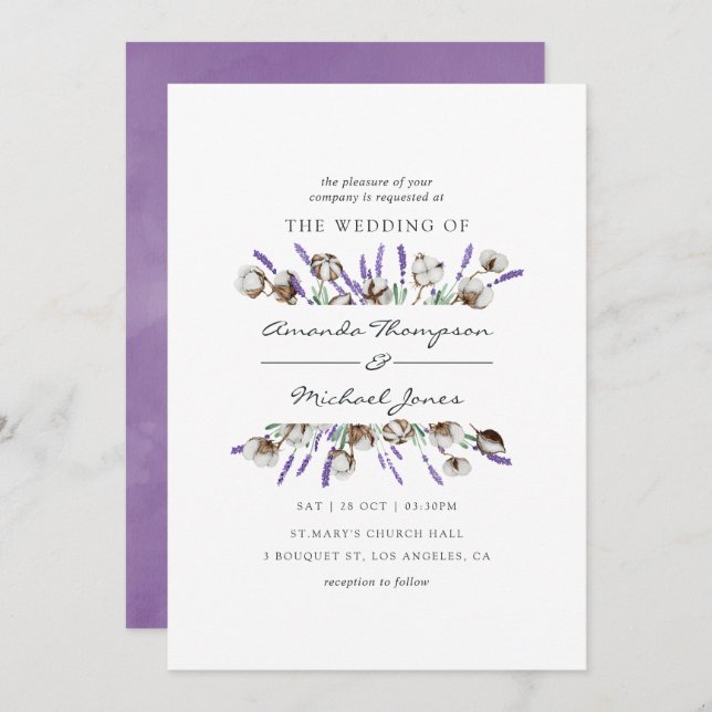 Convite Casamento com Lavanda de Algodão Aquoso (Frente/Verso)