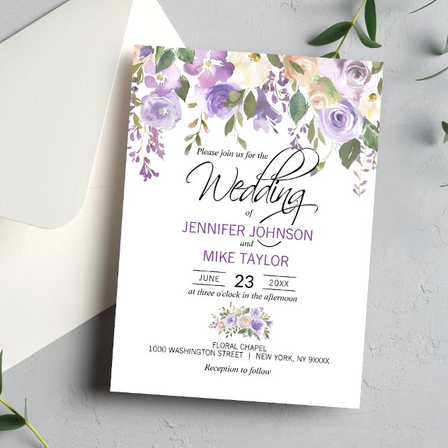 Convite Casamento com Lavanda Floral Purple Lilac (Watercolor Floral Lavender Purple Lilac Wedding Invitation)