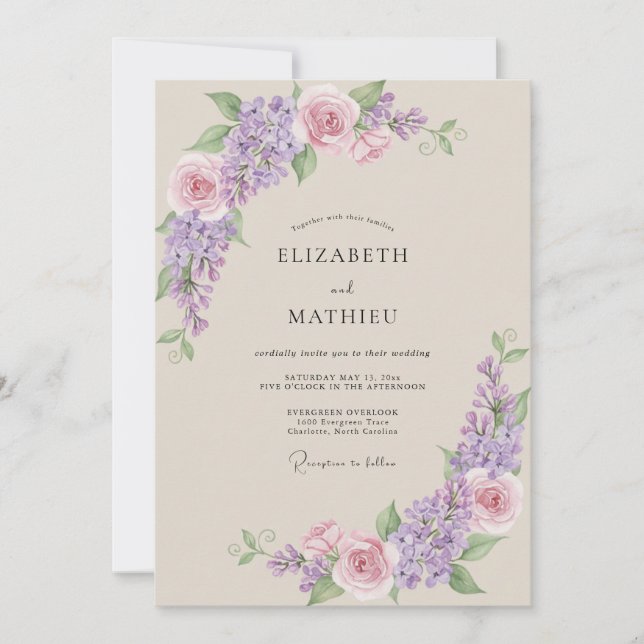 Convite Casamento com Lavanda Rosa Pálido Wisteria (Frente)
