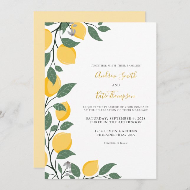 Convite Casamento com Lemons Modernos e Folhas de Caligraf (Frente/Verso)