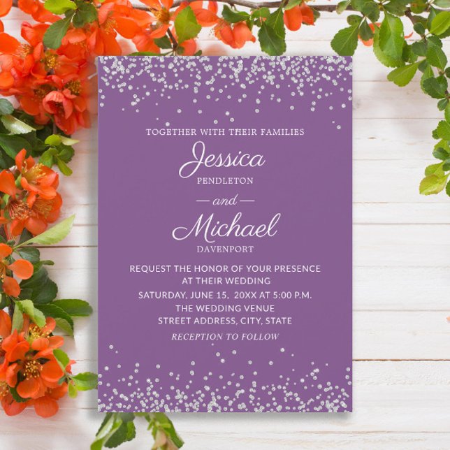Convite Casamento com Lente de Prata Roxa Moderna Elegante (Elegant purple wedding invitation with silver glitter)