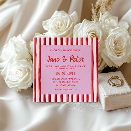 Convite Casamento com Letra à Mão Rosa e Listras Vermelhas