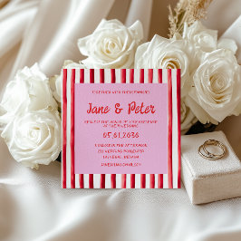 Convite Casamento com Letra à Mão Rosa e Listras Vermelhas