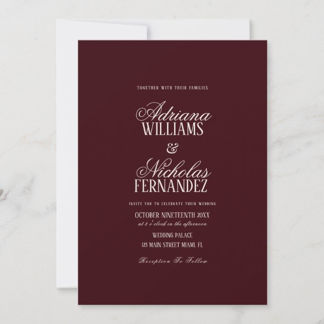 Convite Casamento com Letra Burgundy Old Money (Frente)