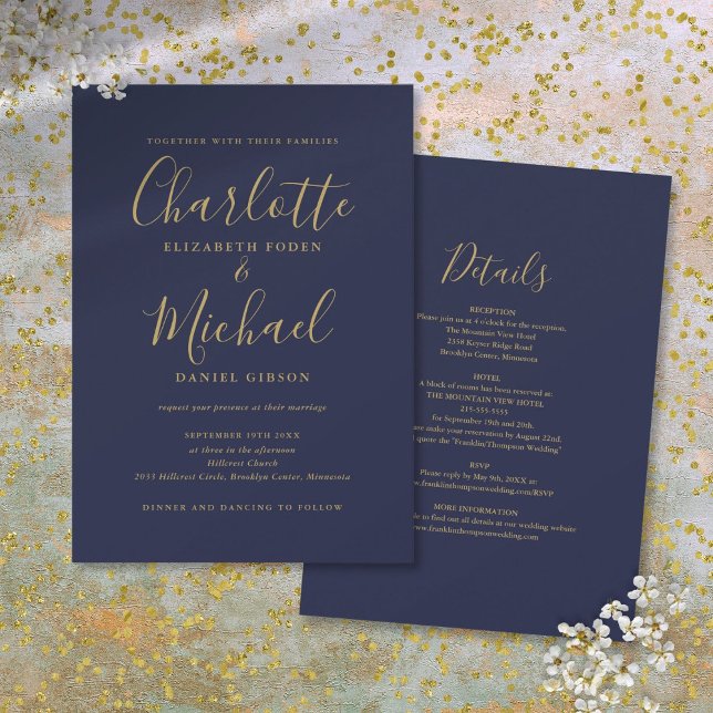 Convite Casamento com Letra Chic em Azul Marinho e Dourado (Navy Blue And Gold All In One Chic Script Wedding Invitation)