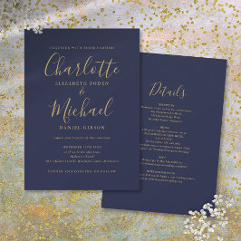 Convite Casamento com Letra Chic em Azul Marinho e Dourado