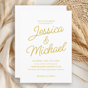 Convite Casamento com Letra Cursiva em Ouro Branco Minimal