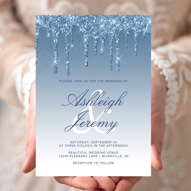 Convite Casamento com Letra de Glitter Azul Elegante (Criador carregado)