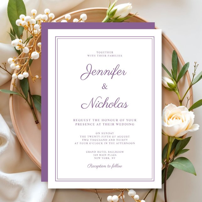 Convite Casamento com Letra de Lilás Roxo Moderna e Elegan (Elegant Modern Purple Lilac Script Wedding Invitation)